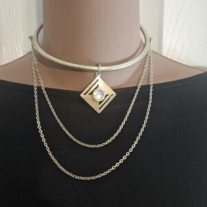 American Eagle Y2K Gold Statement Layered Choker Geometric Moonstone Pendant